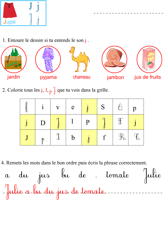 Fiche d'exercices à imprimer, le son j - Apprendre à lire